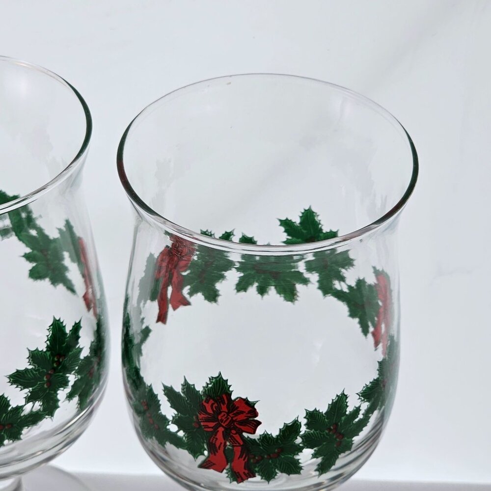 Libbey Christmas Holly Red Bows Water Wine Glasses 6.25" set/2 fluffy greenery - Picture 6 of 9